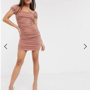 Club L London Petite ruched short sleeve mini dress in taupe